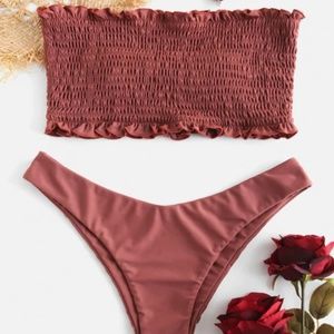 ZAFUL Frilled Padded Smocked Bikini Set - Rosy Fin